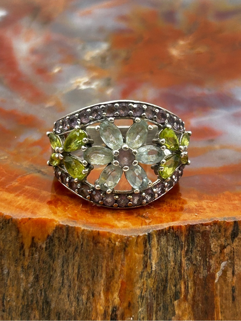 Multi Gemstone Flower Ring, Sterling Silver - Size 8